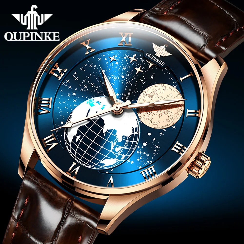 OUPINKE 3177 Luxury Men's Watches Comfortable Leather Strap Automatic Mechanical Watch for Man Starry Sky Earth Dial Sapphire 3