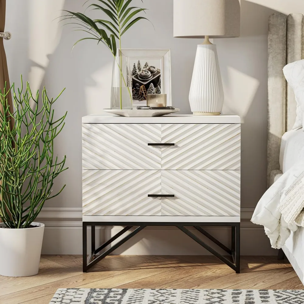 Bedside Table.Set of 2Modern 2-Drawer Nightstand, Contemporary Line Accent End Side Table with Black Metal Base,Distressed White 6