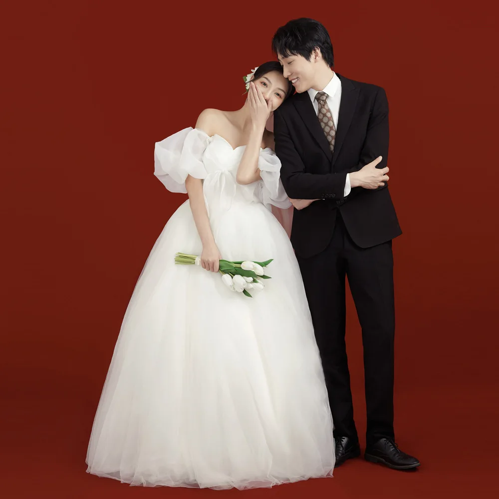 One Shoulder Bow Mesh Wedding Dress for Women Puff Sleeve Princess Skirt Length To The Ground Wedding Shooting Dresses