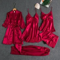 Ensemble de 5 pièces de vêtements de nuit pour femmes, chemise de nuit Sexy en soie, dentelle, Satin, col en v, gilet respirant et confortable pour femmes 1
