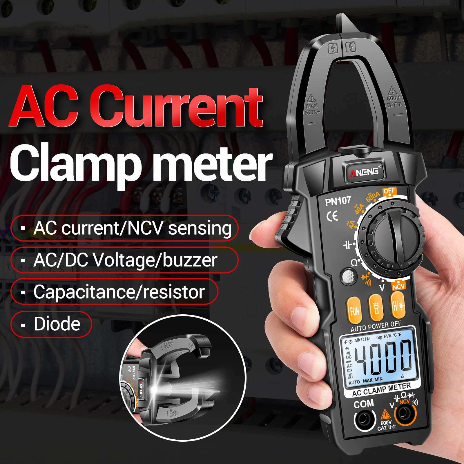 ANENG PN107 4000 카운트 디지털 클램프 계량기, 600A AC 전류 테스터, 전압계 전류계 NCV 다이오드 전문 전기 도구