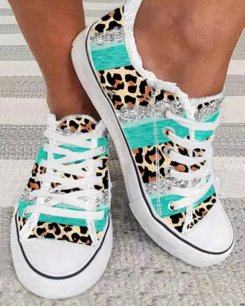 

Women Shoes Casual Fashion Daily Wear Round Toe Contrast Leopard Print Frayed Canvas Sneakers