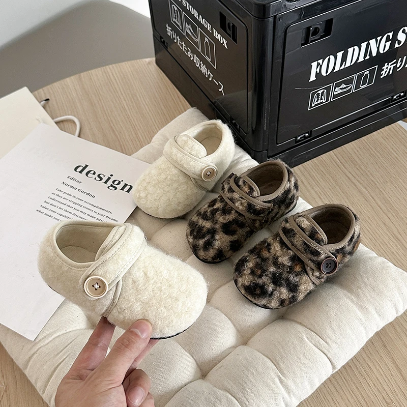 Girls Winter Plush Shoes Leopard Cotton Casual Outdoor