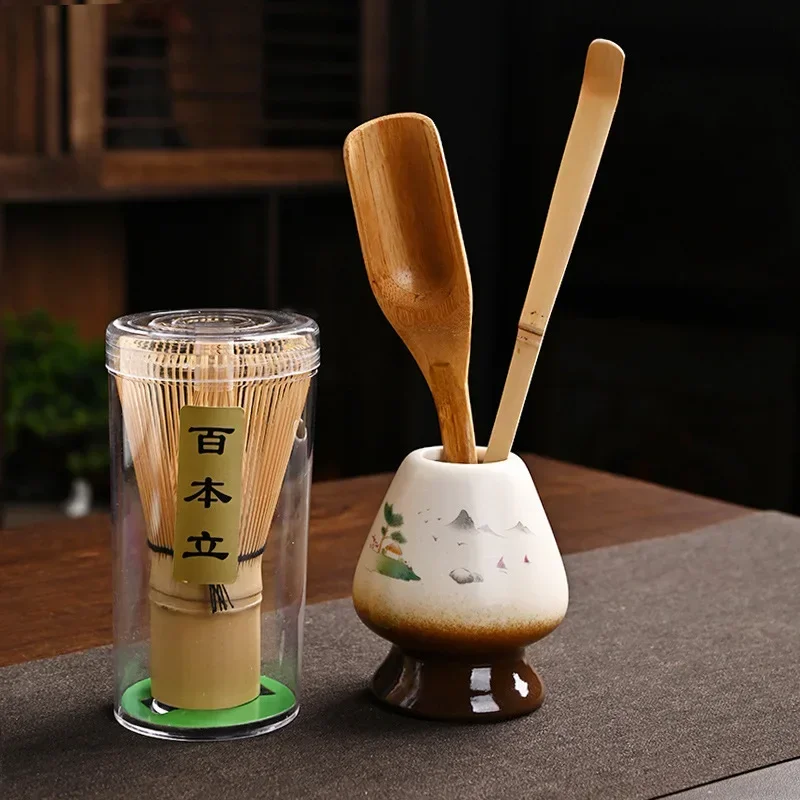 Matcha Tea Set Matcha Tea Tools Tea Ceremony Tools Tea Set Matcha Whisk 4 IN 1 Bamboo Matcha Powder Whisk Teaspoon Ceramic Bowl Tranditional Tea Matcha Whisk (Chasen)Sets Home Tea-making Accessories