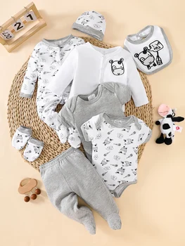 Set di 8 Pezzi per Neonati, 100% Cotone, Stampa Orsetto Grigio, Body, Cappello, Bavaglino, Outfit Morbido e Traspirante, Regalo