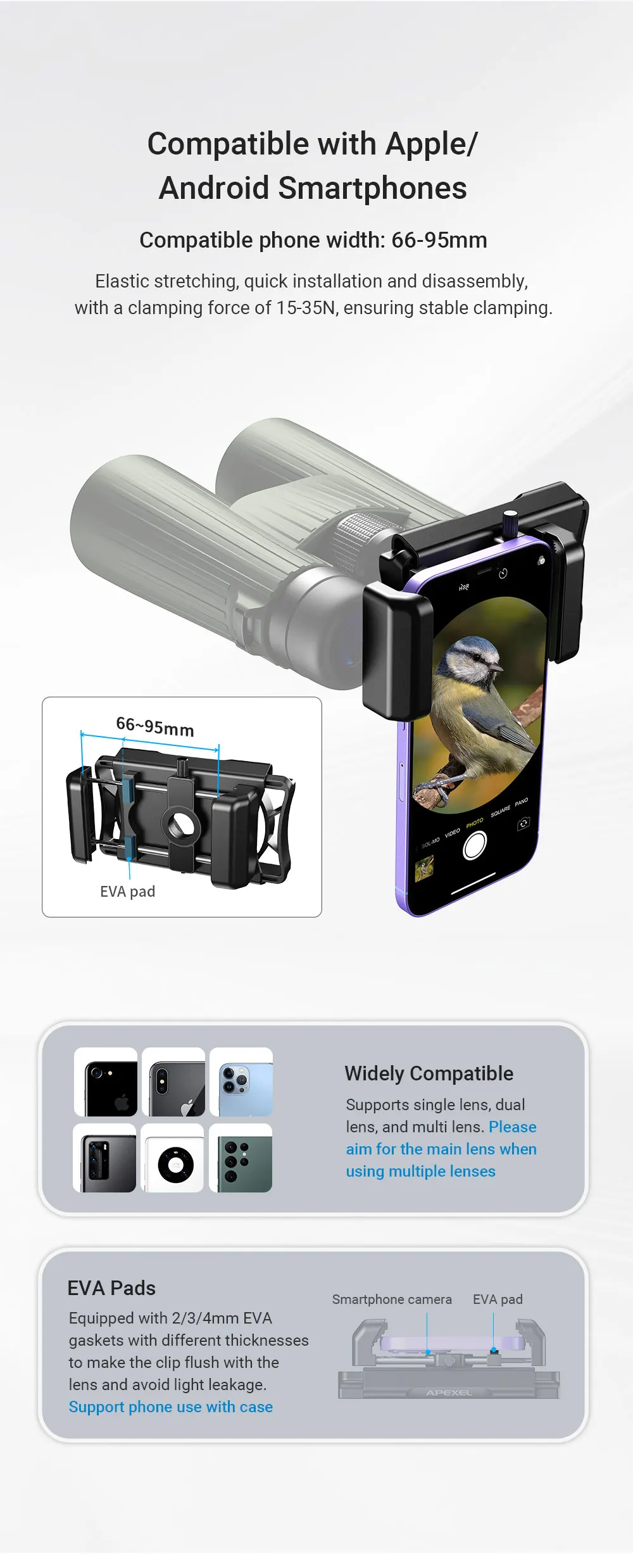 APEXEL Neuer Verbesserter Teleskop-Handyadapter 360 ° Drehbare Schießfernglas-Halterungsklammer für Mobiltelefon-Halter – Detail 8