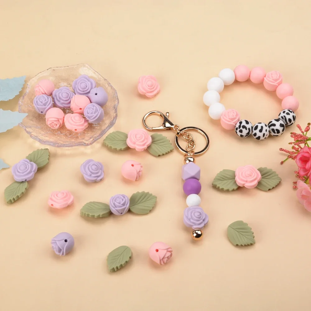 LOFCA 30Pcs Rose Silicone Beads Flower Focal Bead BPA Free Baby Teething Bead DIY Accessories For Pacifier Chain Jewelry Making 5