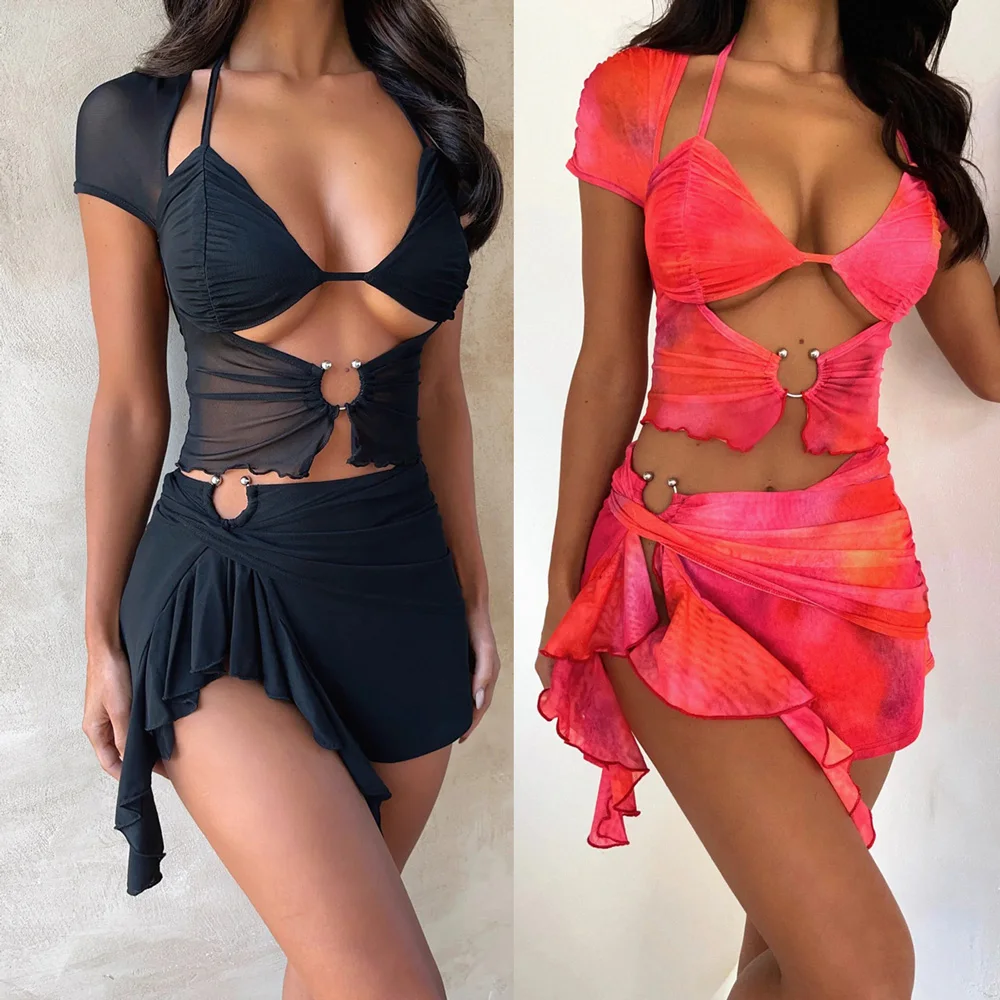 

Hawiano Women Backless Bikini Cover-Up Dress, Short Sleeve Skirt, Black Holiday Dress, Female, Sexy, Revealing, Hot Summer, New
