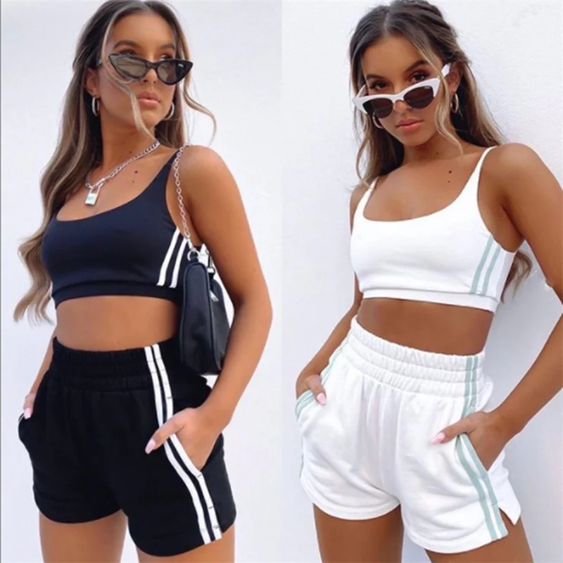 Casual Drawstring Biker Shorts Sets Women Sportswear Halter Crop Top + Shorts Summer Athleisure Outfits Solid Two Piece Set tankinis tie dye drawstring halter tie tankini set in multicolor size s xl