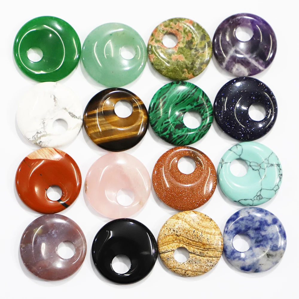30MM Natural Stone Safety Button Pendant Partial Hole Quartz Crystal Epidote Opal Turquoises Charms Necklace Jewelry Making 6Pcs