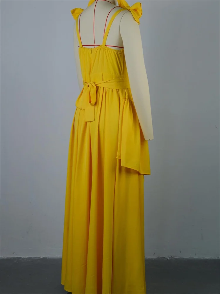 Wmstar Long Dresses Women Bow Halter V Neck Ruffled Swing Yellow Elegant Party Evening Dressnew in Summer Wholesale Dropshipping