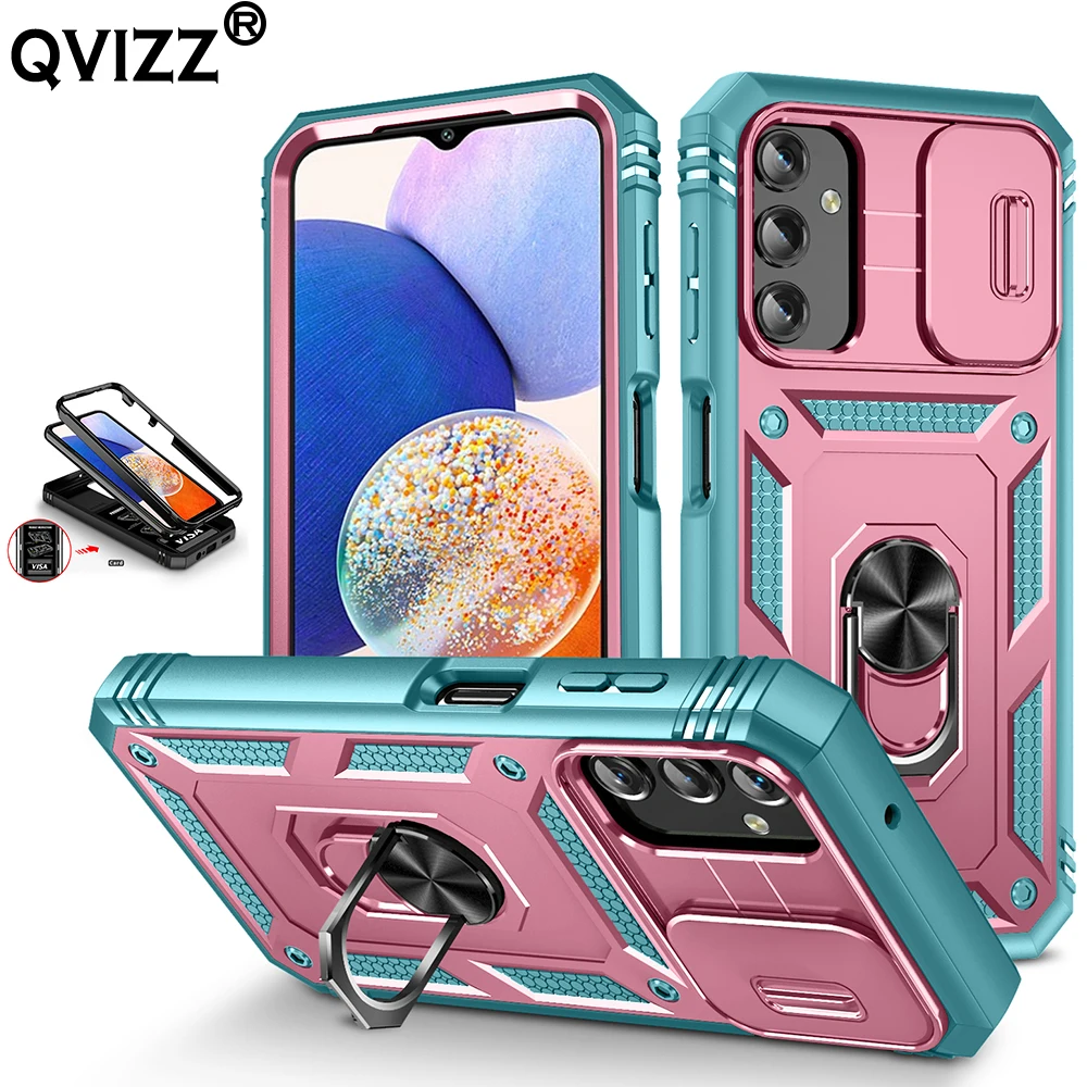 

Slide Camera Case for Samsung Galaxy A14 5G A 14 Car Magnetic Ring Holder Card Slot Pocket Hard Bumper Phone Cover SamsungA14