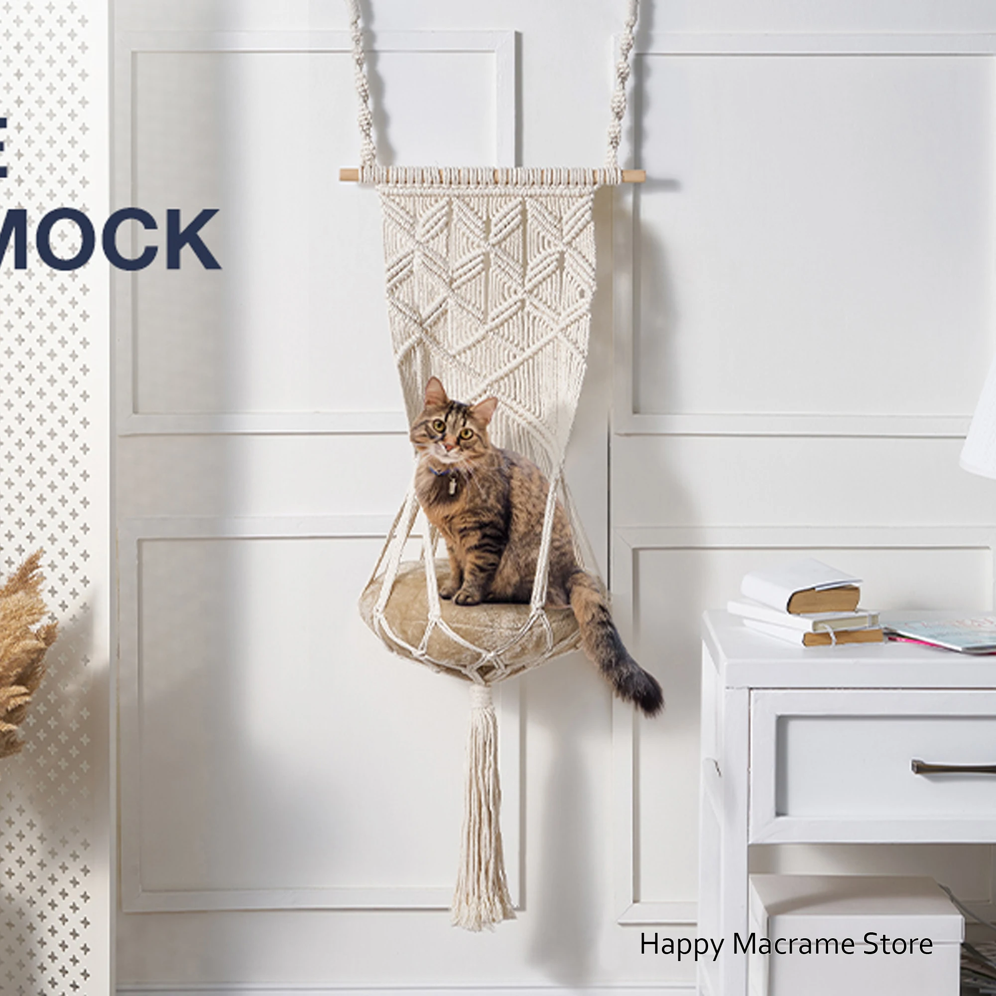 

Macrame Cat Hammock Bed with Cushion Cute Cat Hanging Bed Hang on Wall, Ceiling, Window or Headboard, Boho Room Decor