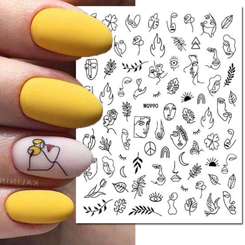 3d Nail Art Stickers Geometric Lines Faces Love Hearts Letters Leaves Stars Adhesive Sliders Nail Decals Decoration For Manicure 4