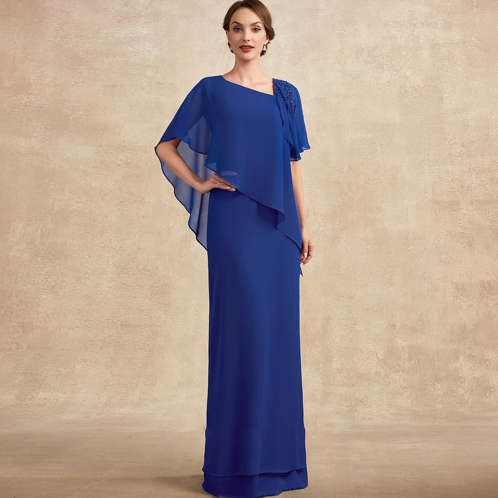 

Elegant Royal Blue Mother of the Bride Dresses V Neck Half Sleeves Wedding Party Gowns Beaded Floor Length Chiffon فساتين السهرة