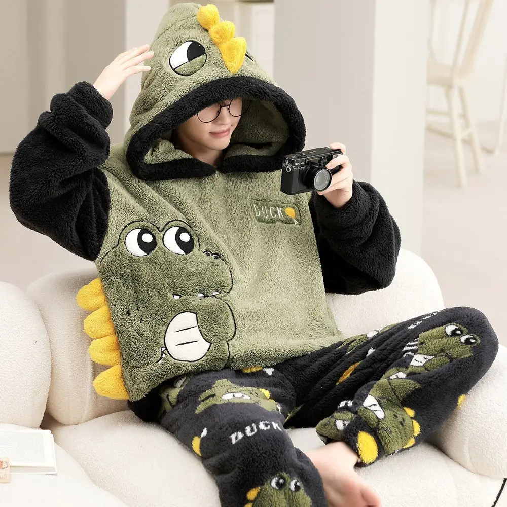 Pajamas Sets Men Cute Dinosaur Thick Plush Fleece Coral Velvet Warm Flannel Teens Clothes Home Suits Male Sleepwear