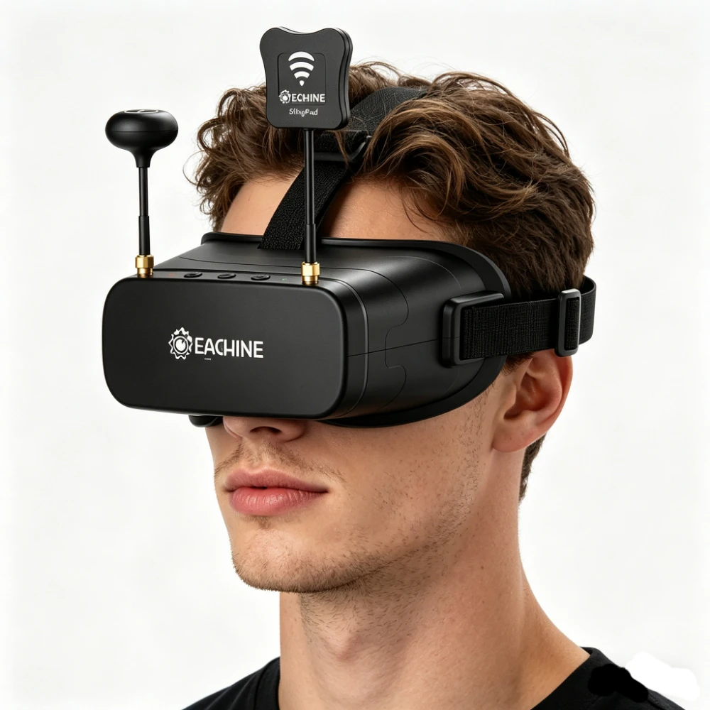 Détail du récepteur diversité et de l'antenne sur les lunettes Eachine EV800DM. Achetez Eachine EV800DM FPV Goggles pour une réception stable.