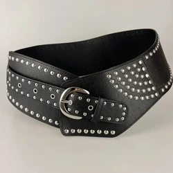 Y2K Punk Style Irregular Wide Belt with PU Pin Buckle - 110cm (Black silver)