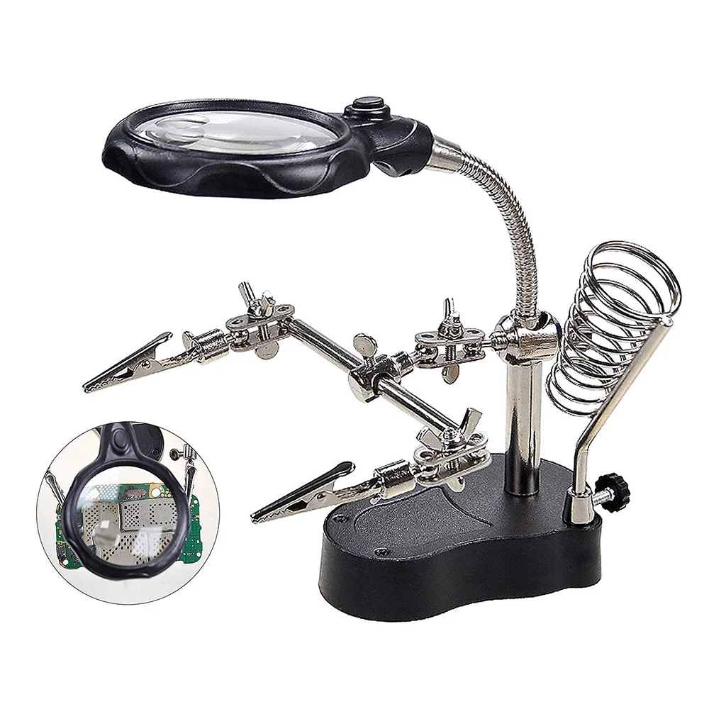 3.5X 12X Helping Hands Third Hand Soldering Iron Welding Stand with 2 LED Clip Magnifier