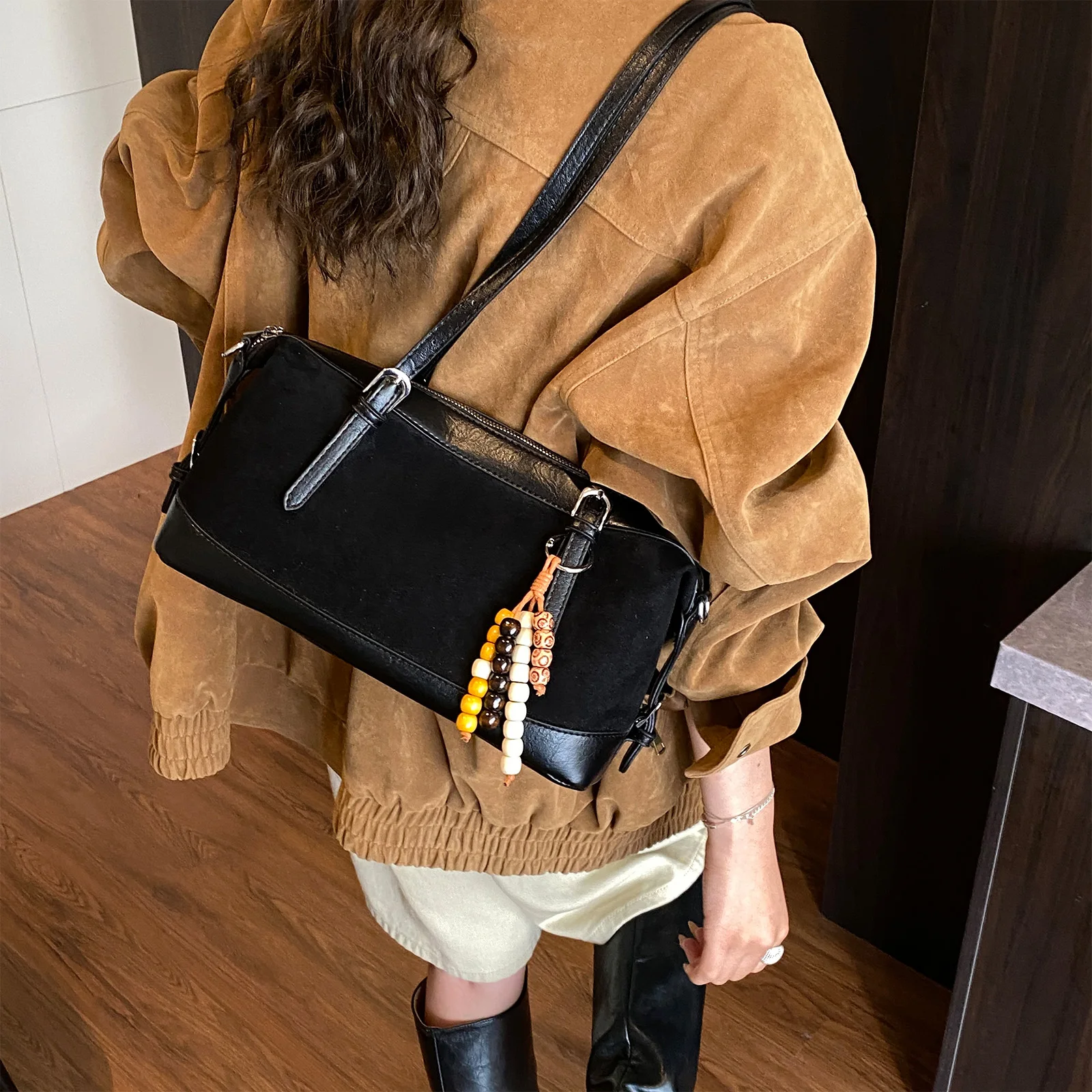 Women Girls PU Leather Single Shoulder Handbag with Zipper One Shoulder Armpit Bag Top-Handle Boston Bag for Outings Commuting