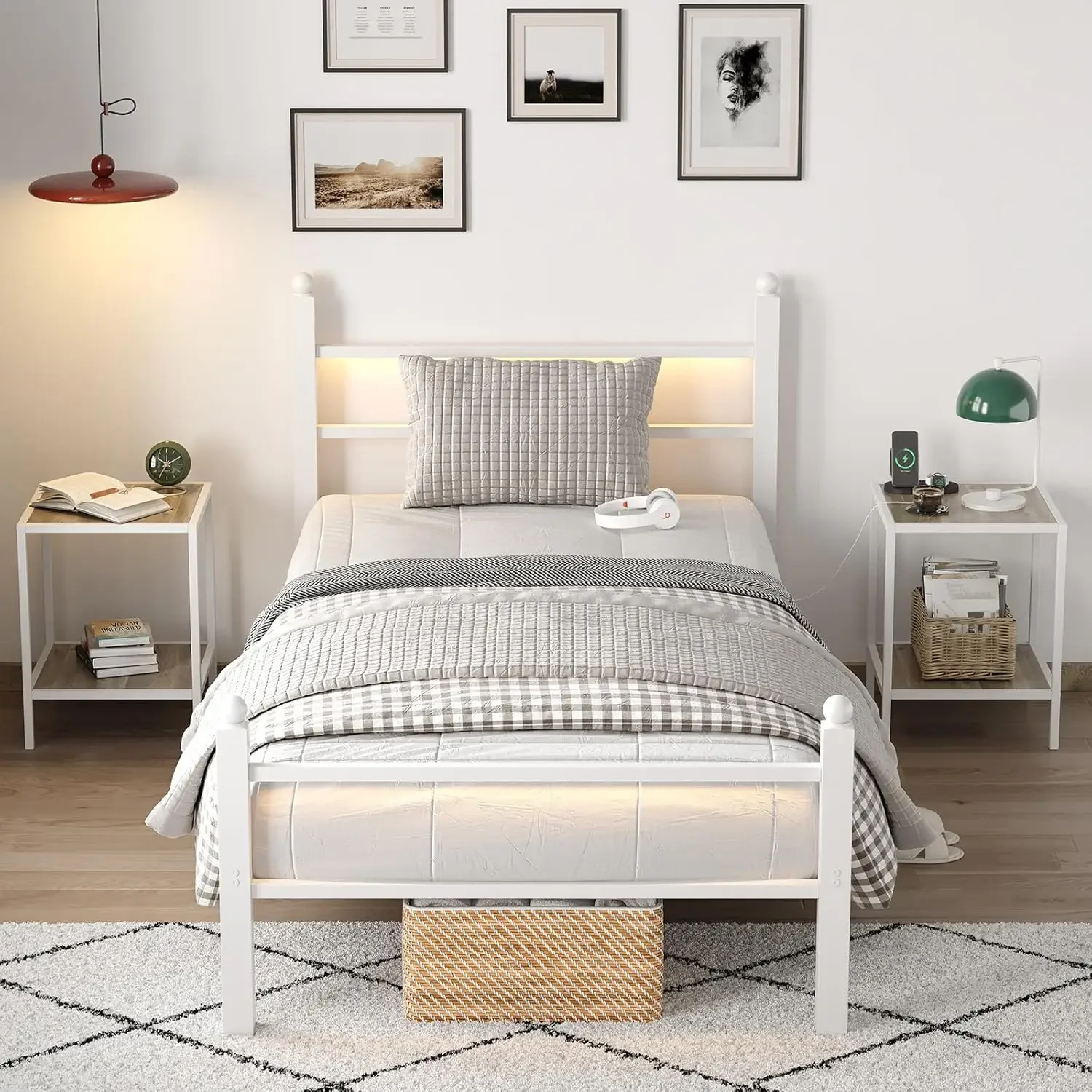 Twin Metal Bed Frame with Headboard & Charging Station 3