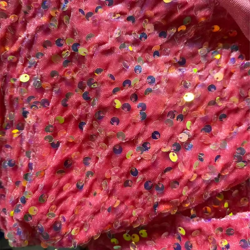 Vibrant Orange Pink Stretch Velvet Sequin Fabric for Apparel and Decor Projects