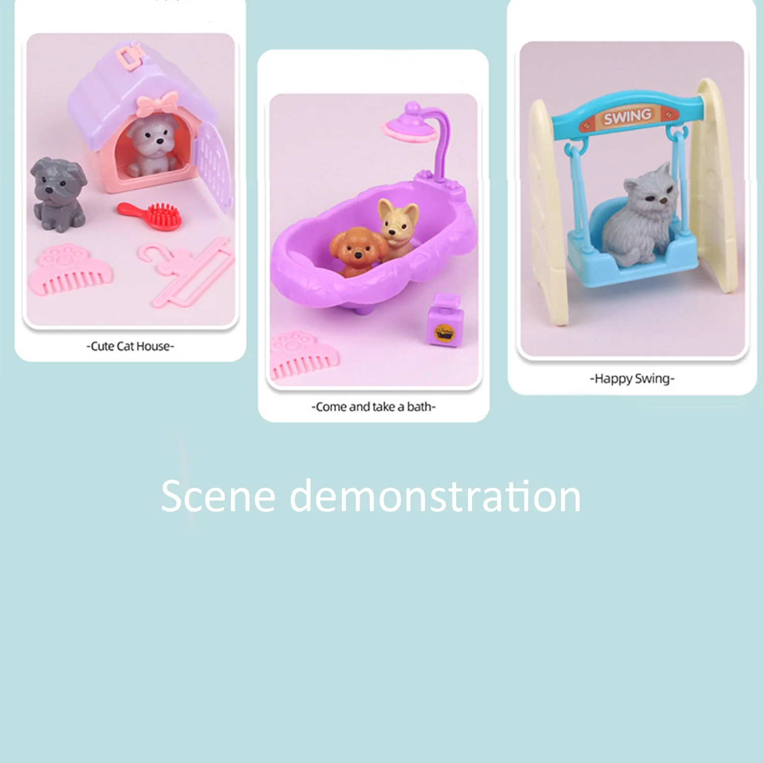 Children's play pet house toys, small dog and cat bathroom swing scenes, simulated feeding cat and dog pet houses