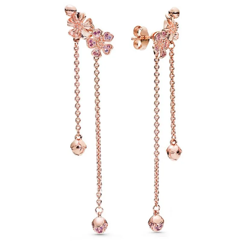 

Original Rose Peach Blossom With Pink With Crystal Stud Earrings For Women 925 Sterling Silver Wedding Gift Fashion Jewelry