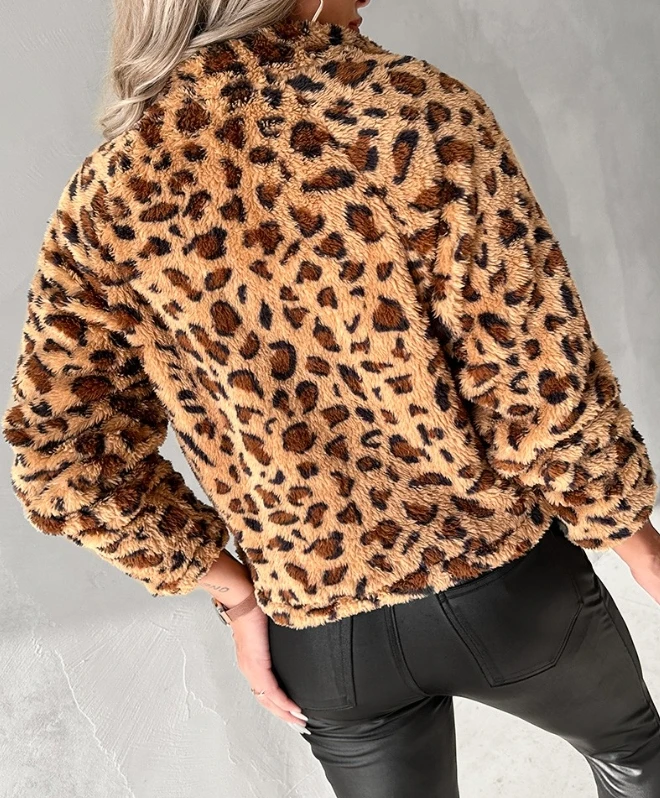 Women's Short Jacket Leopard Print Zipper Design Fuzzy Coat Autumn and Winter Warm Standing Collar Long Sleeved Jacket
