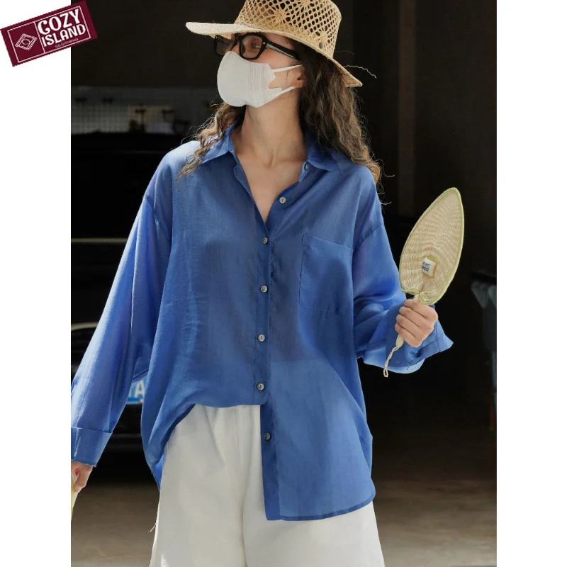 Summer Blue Shirts Lyocell Tops Women Sunscreen Fashion Thin Lapel Loose Silhouette Lightness Blouses Refreshing Sun Protection