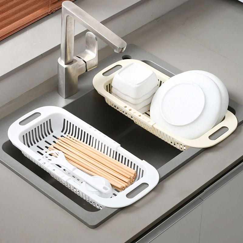 1pc White/blue Retractable Kitchen Drain Basket, Sink Rack, Plastic  Household Dish Drainer, Tableware Drainer