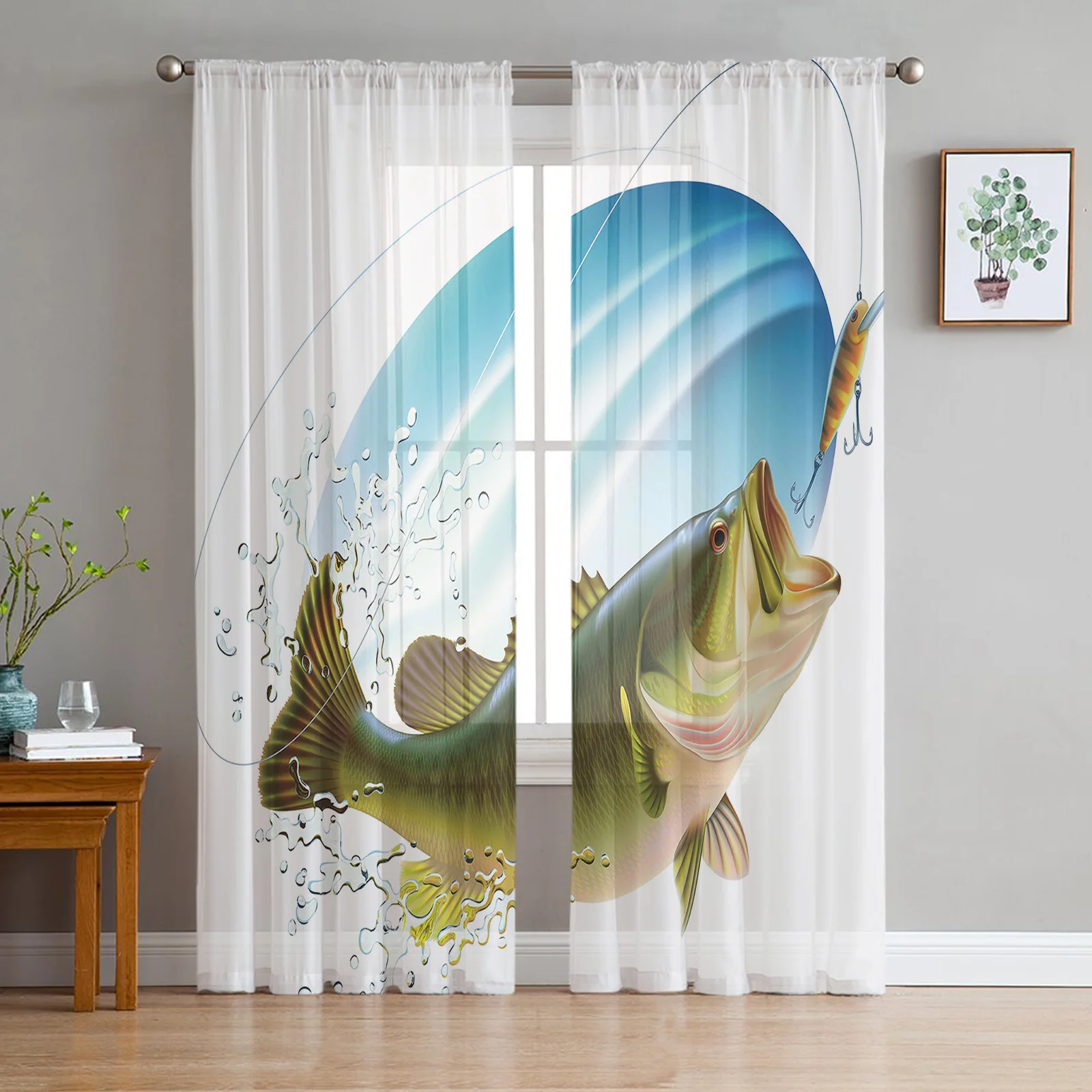 Big Bass Fish Fishing Sheer Curtain For Living Room Voile For Window