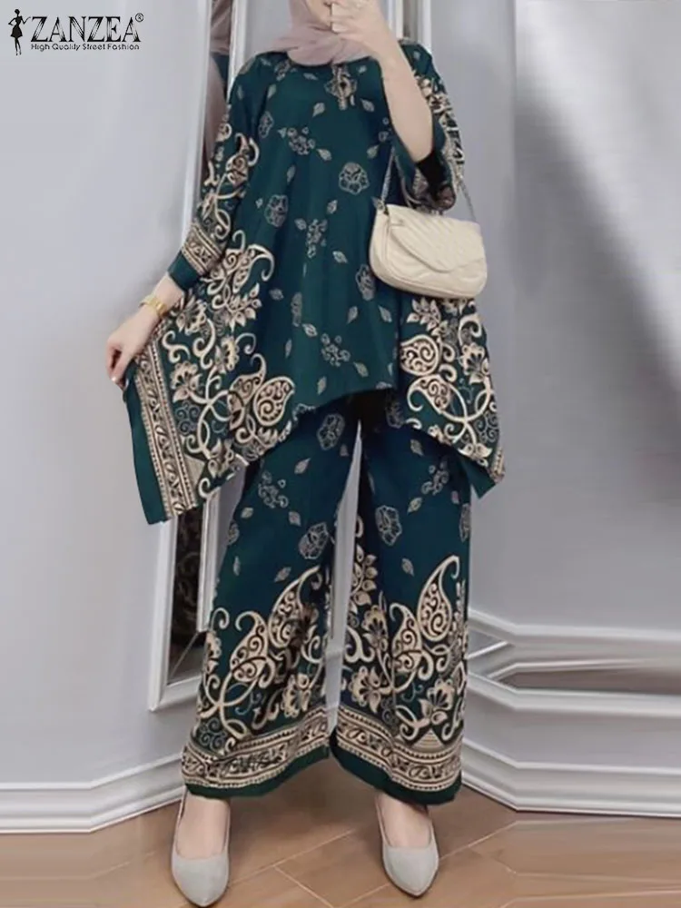 ZANZEA Women Bohemian 3/4 Sleeve Blouse Pants Sets Casual Islamic Clothing Abaya Tracksuit Vintage Floral Printed Muslim Sets