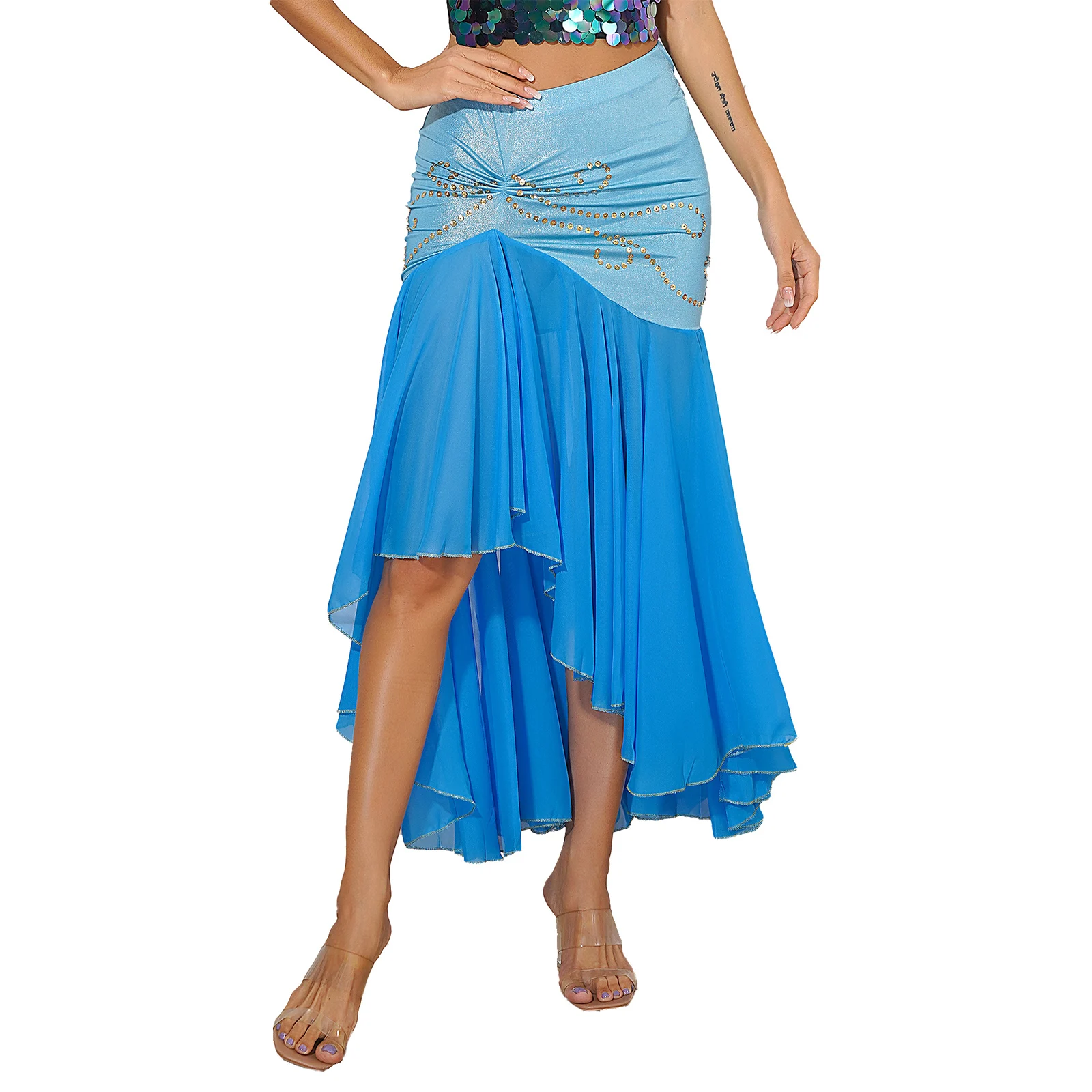 

Womens Irregular Hem Belly Dance Skirt Metallic Ruched Patchwork Sequins Ruffle Skirts Carnival Stage Performance Costume