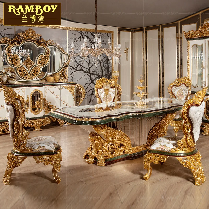 

European solid wood carved luxury dining tables and chairs French palace villa luxury gold foil painted table customization