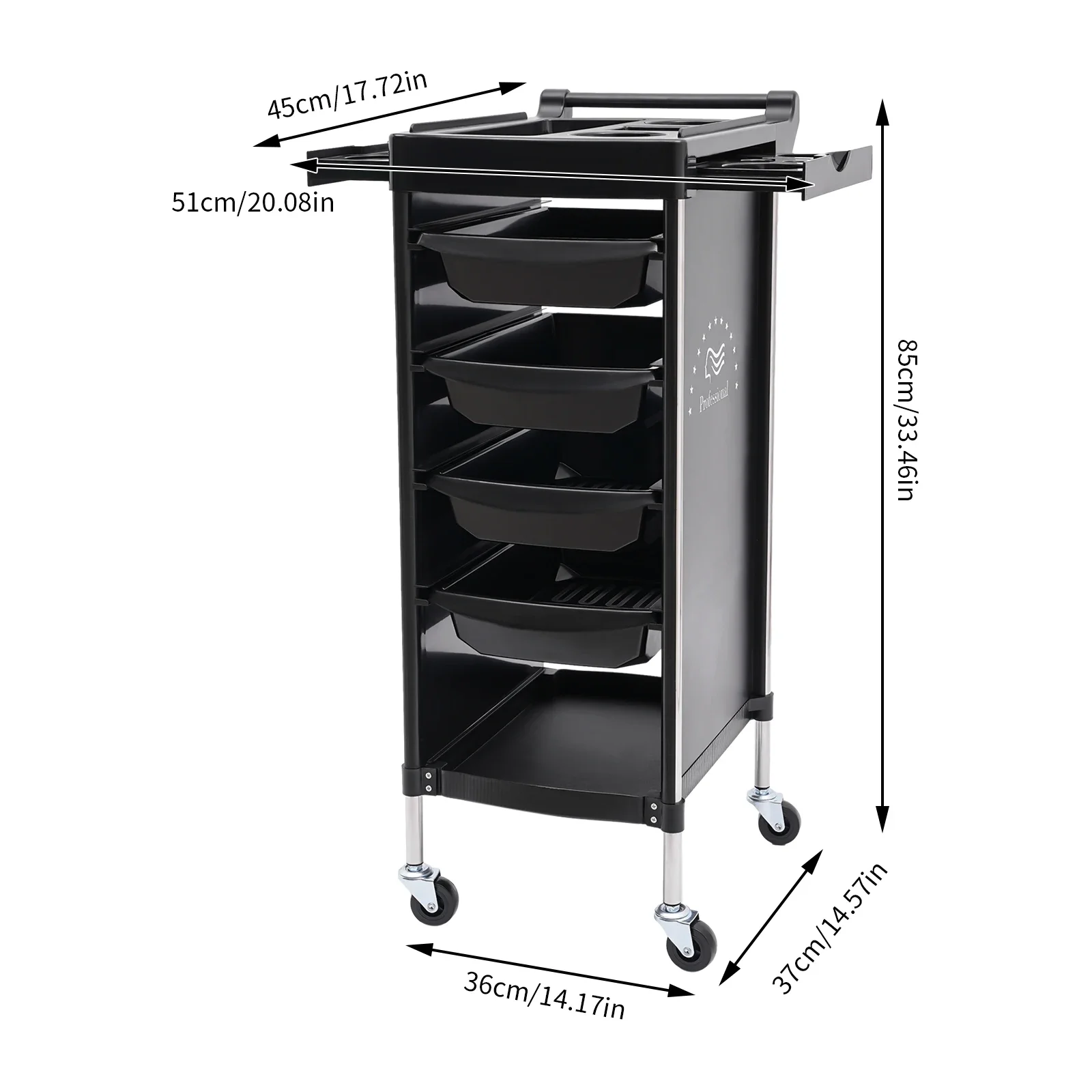 Friseurwagen mit 4 Schubladen und Rollen, Arbeitswagen Friseur für Stylist Friseur Hairstyling SPA (Schwarz) – Detail 3