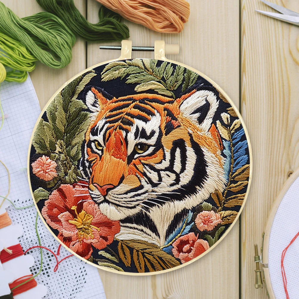Tiger Stamped Cross Stitch Embroidery Kits with Hoop Cloth Color Thread embroidery set embroidery kits embroidery hoop