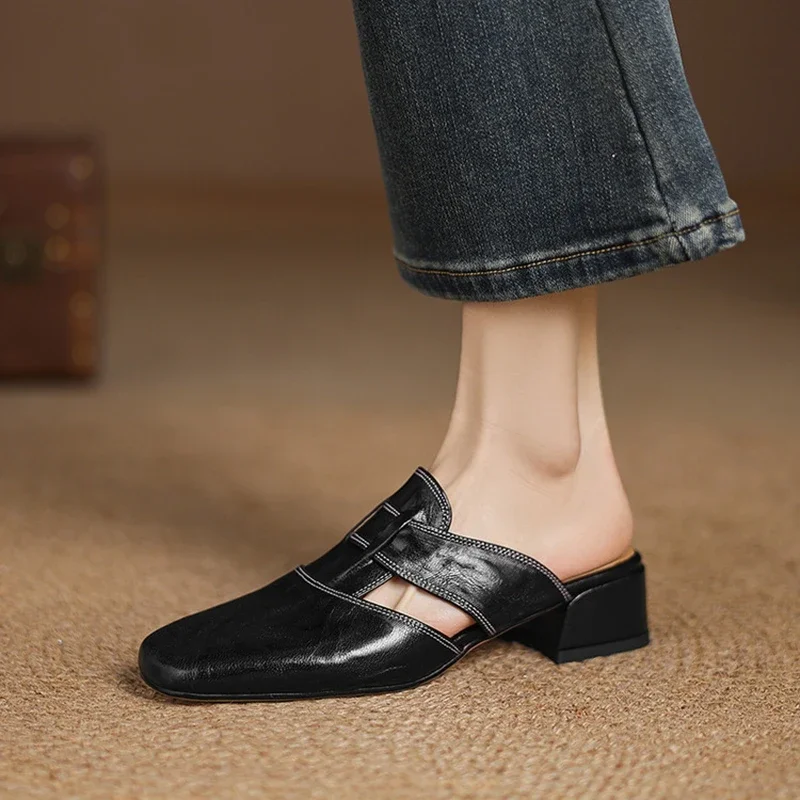 2025OutsideSummerWomenMulesGenuineLeatherWomenShoesCoverToeChunkyMedHeelSlippersConciseModernSlippersSandals-AliExpress
