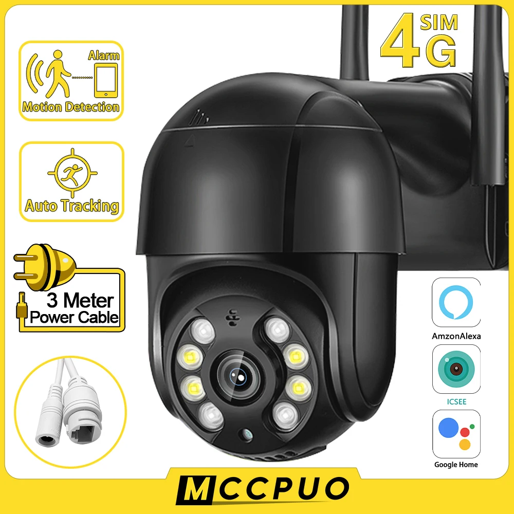 

Mccpuo 4K 8MP 4G SIM Surveillacne Camera AI Human Tracking WIFI IP Camera Outdoor Color Night Vision PTZ Camera iCSee Alexa