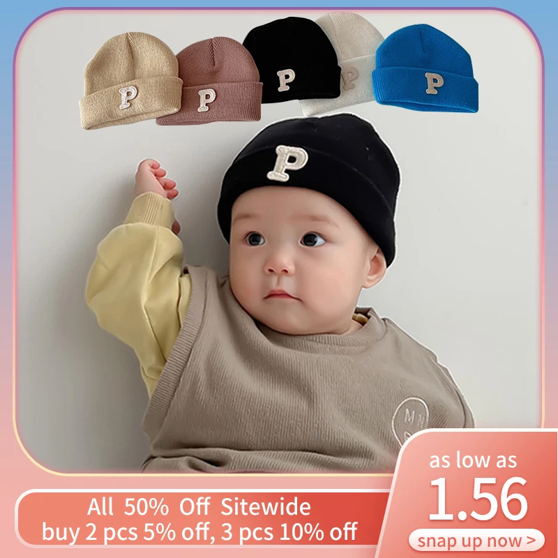 P Letter Baby Beanies Solid Color Toddler Crochet Autumn Winter Infant Knitted Hat Boy