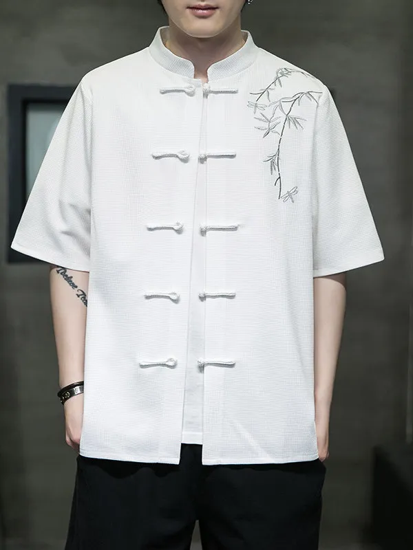 Retro Embroidered Hanfu Style Men's Loose Fit Summer Breathable Ice Silk Short Sleeve Shirt Chinese Traditional Tang Costume
