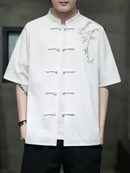 Retro Embroidered Hanfu Style Men's Loose Fit Summer Breathable Ice Silk Short Sleeve Shirt Chinese Traditional Tang Costume