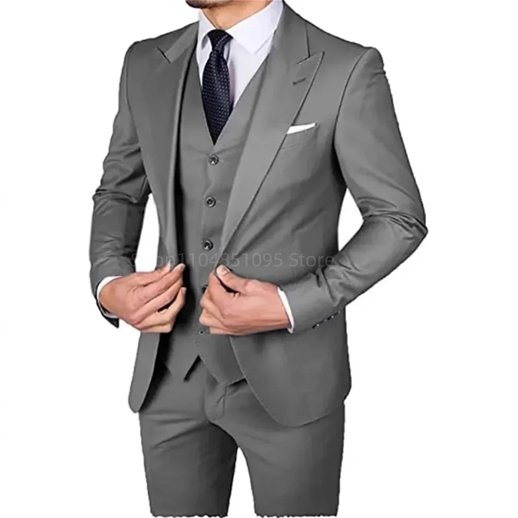 Elegant Men's Suits Gentleman Business British Style Solid-color Banquet Host Casual Wedding Business Suits (Blazer+Vest+Pants)
