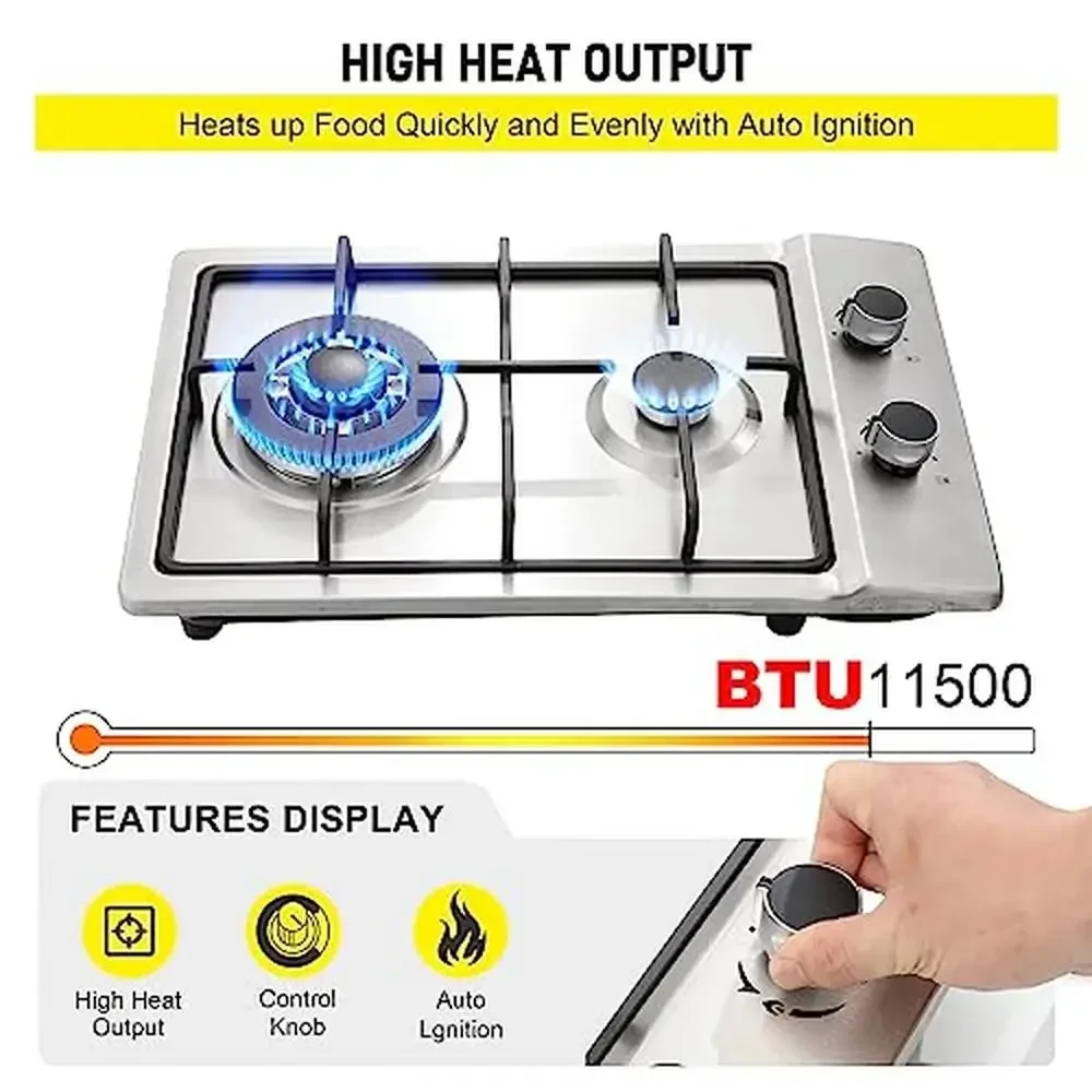 12" Stainless Steel Dual Fuel Gas Cooktops 2 Burner Propane/Natural Gas Stove Drop-in Easy to Clean Top with Electric Ignition