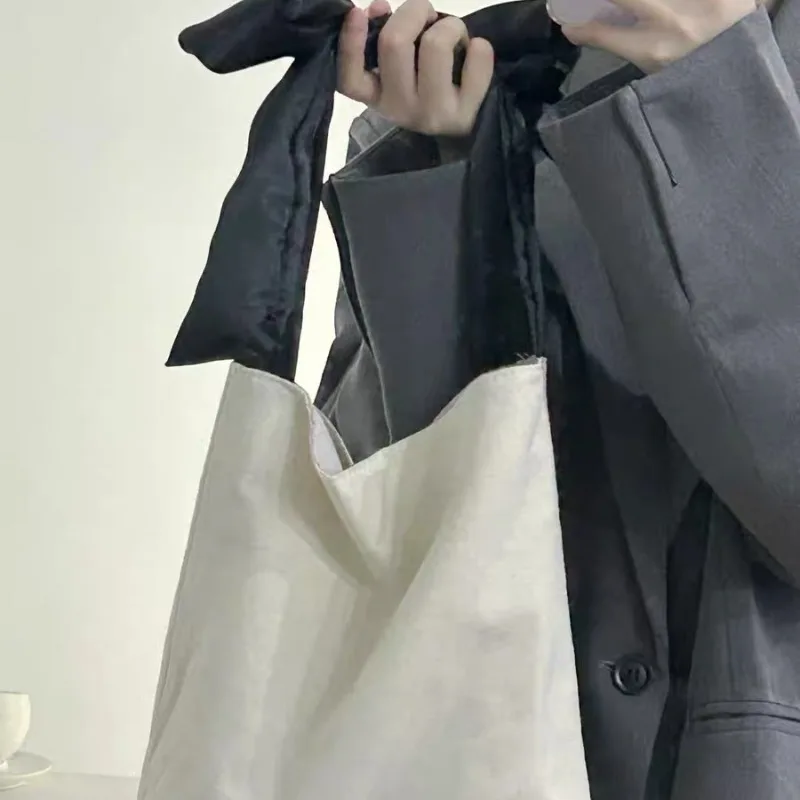 Bowknot Canvas Bag Women Students Adjustable Cream White Fabric Large Capacity Lazy Handbags Fashion Underarm Shoulder Bag
