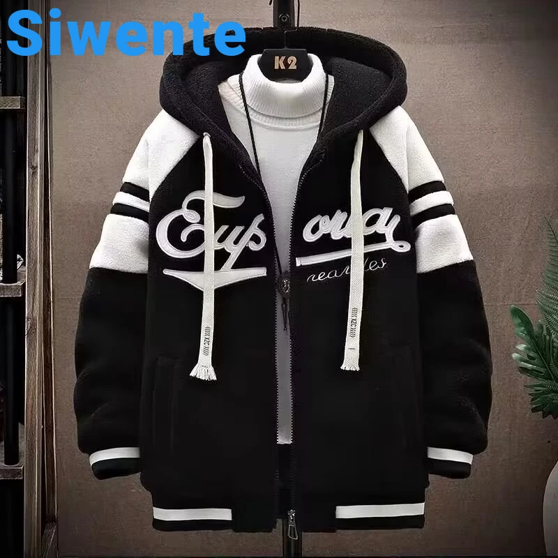 

Niche Lamb Velvet Thickened Men Clothing 2024 Ins Letter Hooded Male Coat Korean Stitching College Style Couple Jacket Explosive