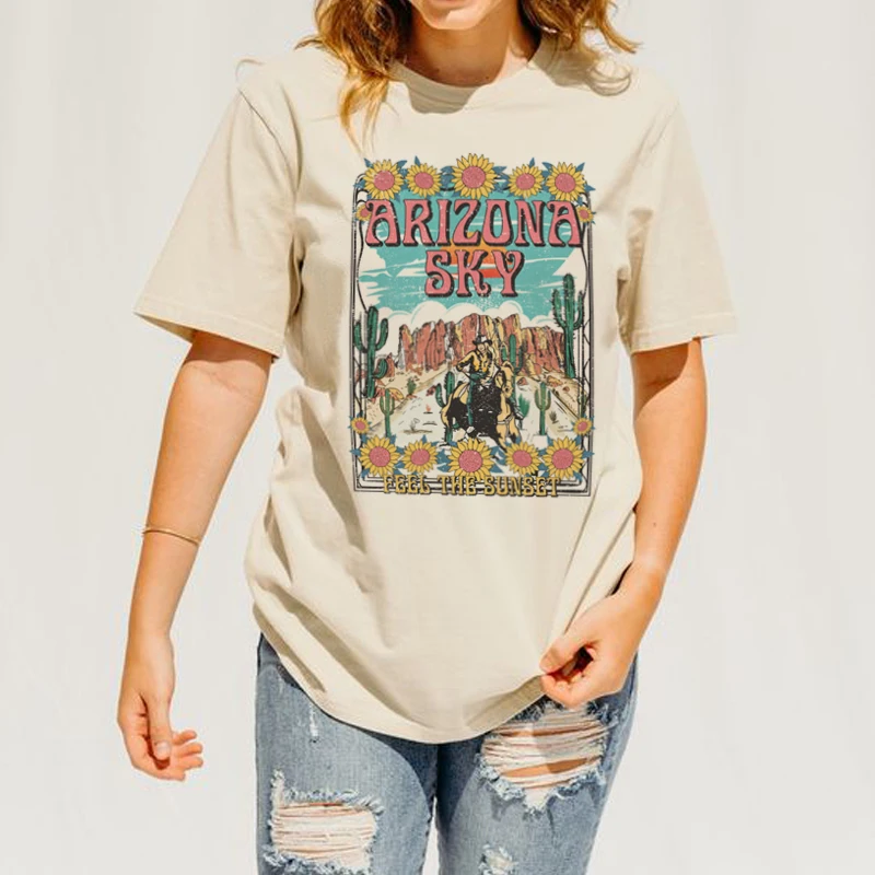 

Аризона пустыня Женская Винтажная Футболка Cowgirl свободная Милая Ретро футболка с графическим рисунком в западном стиле Женская Хиппи искусственная рубашка Топы Одежда