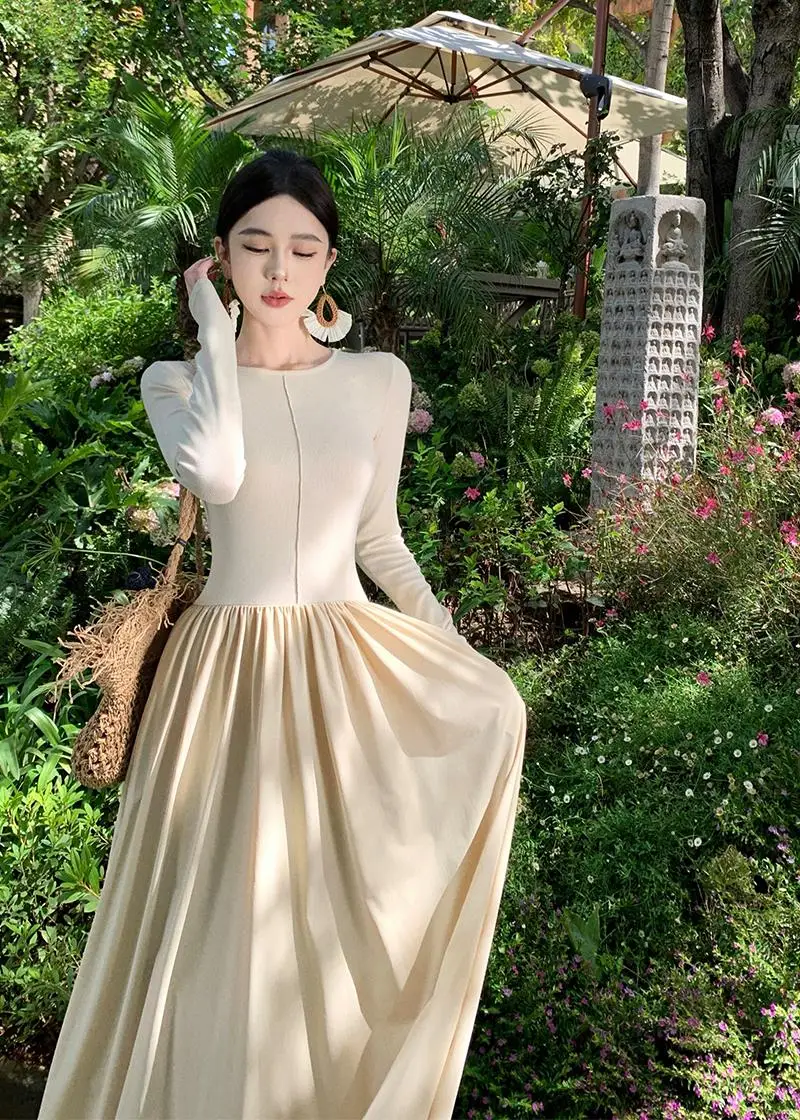 Vestidos largos informales de retazos para mujer, cuello redondo, mangas largas, corte en A, otoño primavera, moda coreana, vestidos de una pieza para mujer, nuevos