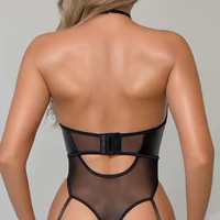 Combinaisons et Bodys pour femmes en cuir PU, style licou, à découpes, sans bretelles, gainants, patchwork, dos nu, transparents, sexy, avec détails de soutien-gorge découpés 3