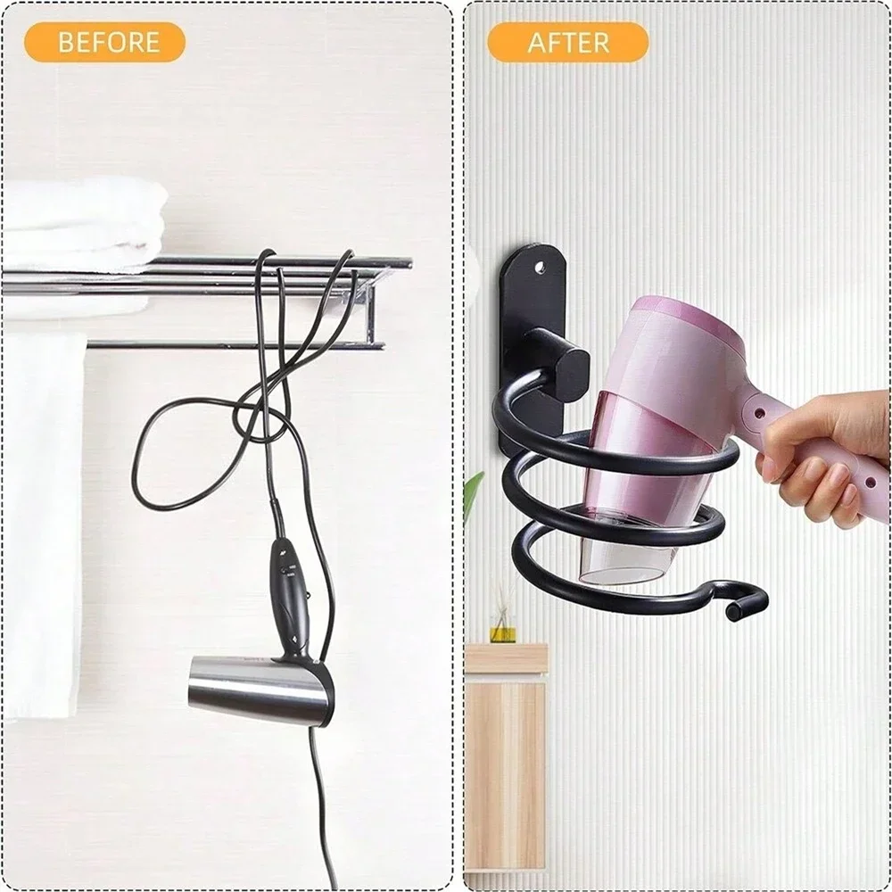 Yardwe Black Space - Soporte Para Secador De Pelo En Espiral De Aluminio, Multifuncional, Montado En La Pared, Estante De Almacenamiento, Soporte Para Soplador De Pelo Con Taza Cilíndrica De